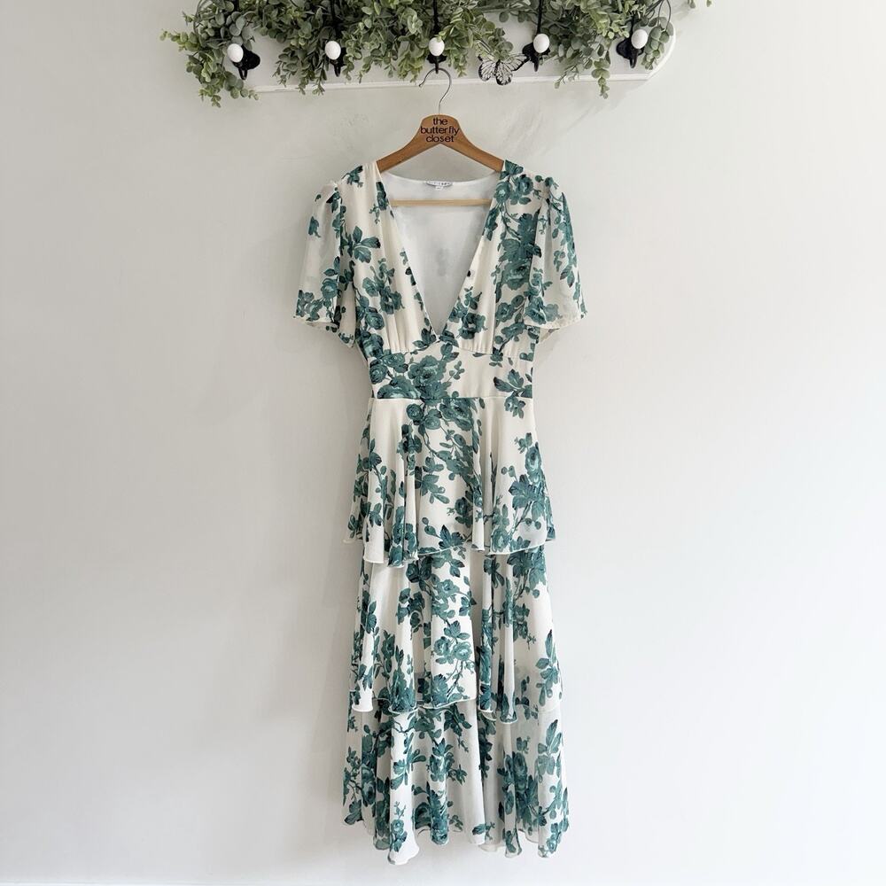 Baltic Born Green Ivory Floral Tiered Maxi Dress Formal Wedding Medium 10-602
